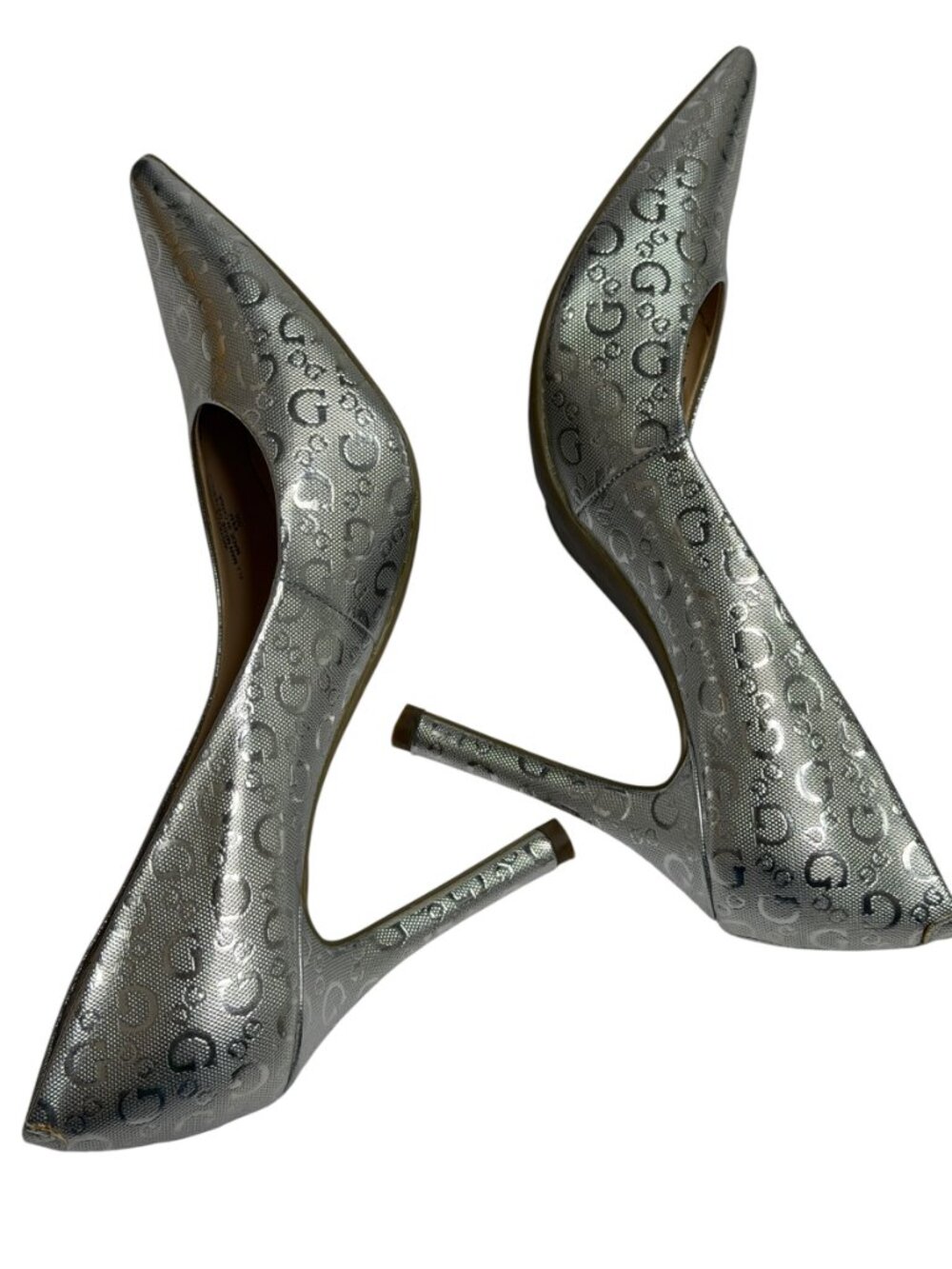 Guess Trace Pumps Shoes Stiletto Heel Logo Pointed Toe Metallic Silver 8.5 - Picture 7 of 13